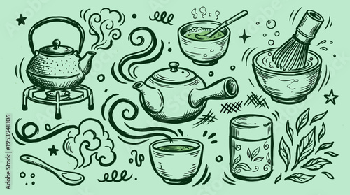 Matcha tea ceremony doodle set with teapots and bowls