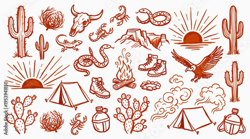Set of hand drawn desert and camping elements in monochrome style
