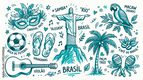 Brazil travel icons set with Christ the Redeemer and carnival elements in hand drawn style