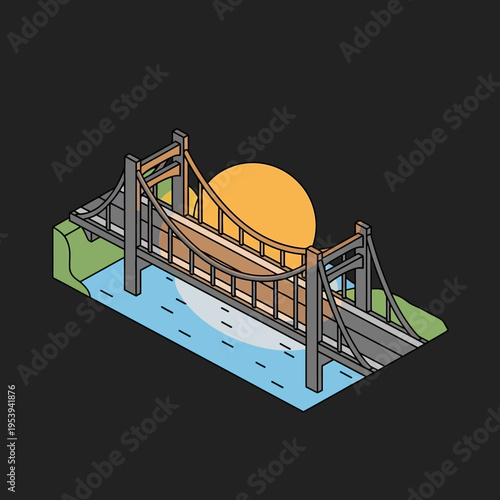 Isometric illustration of a bridge over water with the sun setting in the background.