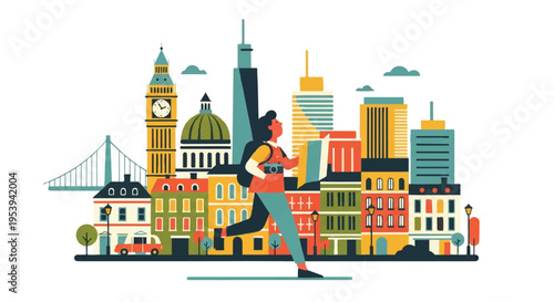 Runner in urban setting with city skyline illustration