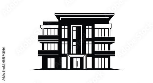 A stark black and white illustration depicts a modern multi story building with geometric features high quality professional