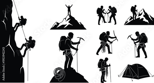 Silhouette mountaineers climbing rock and snowy peaks with ropes and ice axes, hiking expedition, outdoor adventure, extreme sports activity isolated on white background