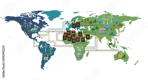 Geopolitical world map with various colored markers and symbols indicating global connections and relations on a white background.