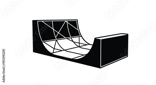 A minimalist black and white illustration depicts a skatepark ramp with geometric lines high quality professional detailed