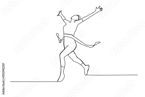 Single line art of young happy health runner woman running pass finish line at run race. Sport sprint and healthy lifestyle concept. 