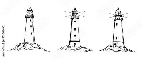 Lighthouse icon set with detailed woodcut style featuring light beams, nautical safety, ocean navigation with black ink and white background