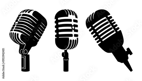 Retro vintage microphone vector set with black silhouette on white background featuring microphone, vintage, silhouette with music and studio