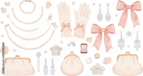 Elegant vintage fashion accessories collection with pearl necklaces lace gloves ribbon bows earrings and handbags flat vector illustration set