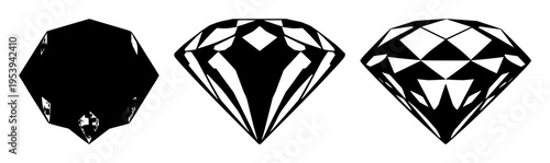 Diamond set with solid black silhouette on white background featuring sharp geometric facets, sustainable luxury icon, eco-friendly with modern and minimalist