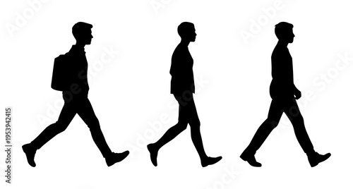 Pedestrian set with right-facing stick figure and silhouette design featuring walking, person, human with simple lines and rounded edges