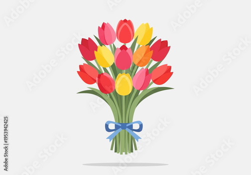 Vibrant Bouquet of Tulips Tied with a Blue Ribbon.