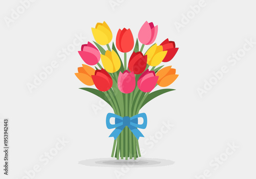 Colorful Bouquet of Tulips Tied with a Blue Ribbon.