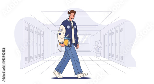 Student walking in school hallway with books and headphones, modern illustration