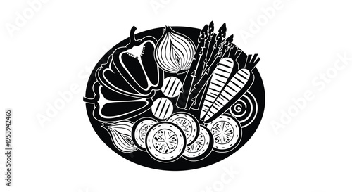 A black and white illustration depicts a platter overflowing with various fresh vegetables high quality