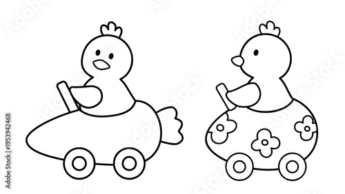 Cute Easter chicks riding carrot and egg toy cars coloring page set.
Fun Easter chicks in toy carrot and egg vehicles outline. svg.