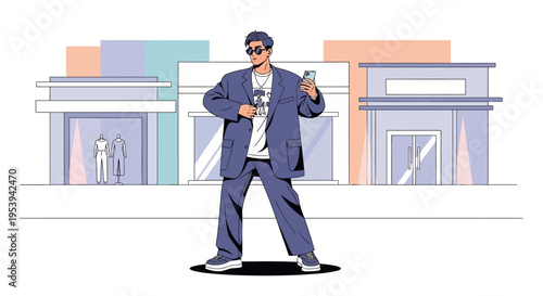 Stylish Man Taking Selfie in Front of Modern Shops, Urban Fashion