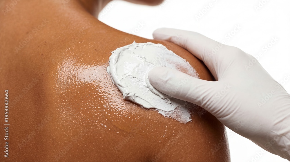 Fototapeta premium Dermatologist applying medicated cream to patient shoulder. Doctor in medical glove treating skin condition. Healthcare professional performing procedure for skin health and body care.
