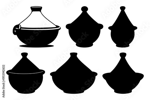 Tagine pot set with solid black silhouette showing bold smooth curves featuring North African heritage, culinary icon, black line art with simple illustration and monochrome