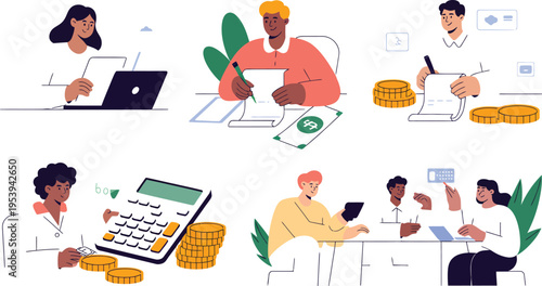 Accountants review finances with coins.