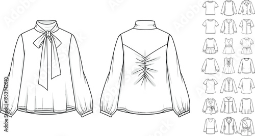 Women elegant tie neck blouse fashion technical drawing vector with pussy bow collar back shirring detail and bishop sleeves for apparel design tech packs.