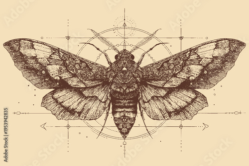 A line drawing illustration of a moth with intricate patterns on its wings, tattoo design template, vector illustration.