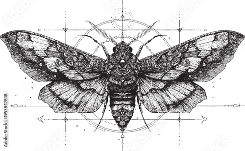 A line drawing illustration of a moth with intricate patterns on its wings, tattoo design template, vector illustration.