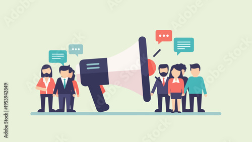 Illustration of a diverse group of people gathered around a large megaphone, symbolizing communication and public speaking events