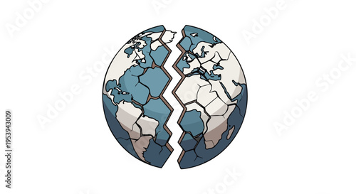 Illustration of a cracked globe with a white background representing geopolitic tensions and global instability.