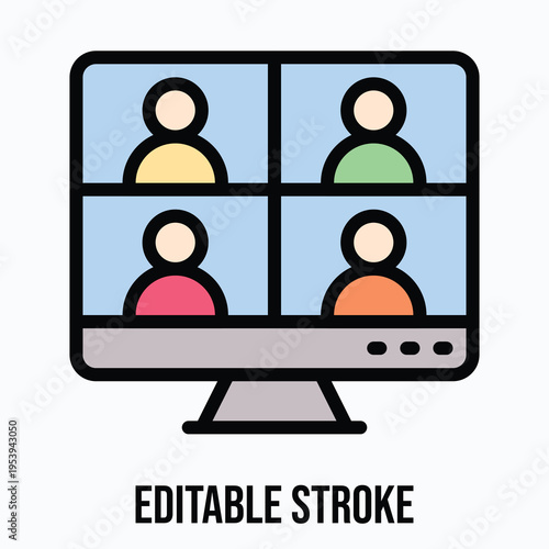 Online Meeting Icon, Lineal colour style vector icon, Editable stroke. 