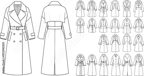 Large collection of women trench coat technical drawings featuring various collar styles belted waists and double breasted designs for fashion tech packs and outerwear development.