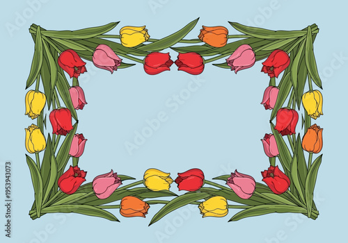 Colorful Tulip Flower Border Design with Green Leaves.