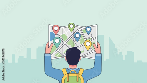 Person holding a map with location pins on it, planning a trip or exploring a city, with a city skyline in the background