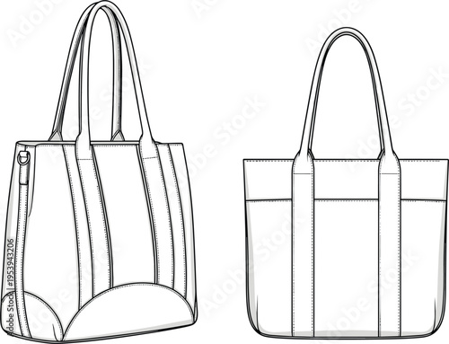 Technical fashion sketch of women tote bag with front and side views featuring long shoulder straps and reinforced base for accessory design templates.