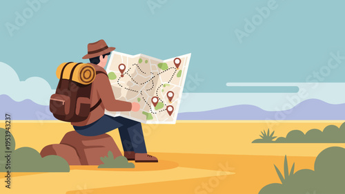 A traveler studies a detailed map, planning their adventurous route. This illustration captures strategic navigation, exploration, and discovery in an open outdoor setting
