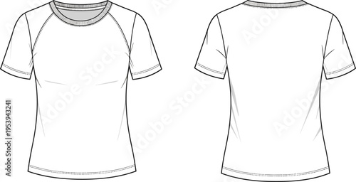Women raglan sleeve t-shirt technical drawing vector template featuring front and back views for activewear fashion design tech packs and apparel mockups.