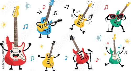 Funny cartoon electric guitars with arms and legs playing music, colorful characters with musical notes, playful band vector illustration set