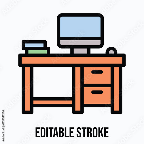 Computer Desk Icon, Lineal colour style vector icon, Editable stroke. 