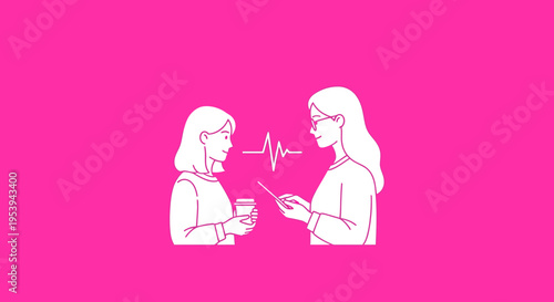 Two women communicating with a sound wave between them.