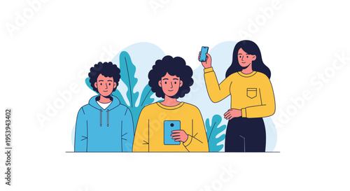 Three friends using smartphones in a casual setting.