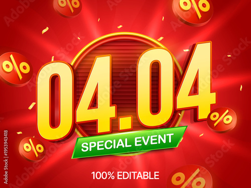04.04 sale banner template with April 4 number, golden coins flying around, isolated on red background. April 4 flash sale discount event banner in 3d vector. Vector illustration