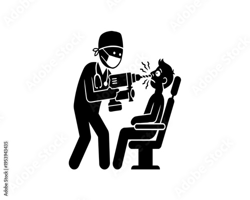 A dark-humor silhouette of a doctor using an industrial drill on a patient's nose. An exaggerated metaphor for extreme nasal congestion or sinus treatment.