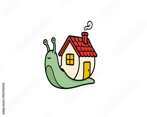 A cute green snail carrying a cozy house with a red roof instead of its shell. Whimsical and colorful vector illustration on a white background.