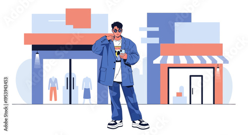 Stylish man with sunglasses and camera in front of modern shops, urban lifestyle