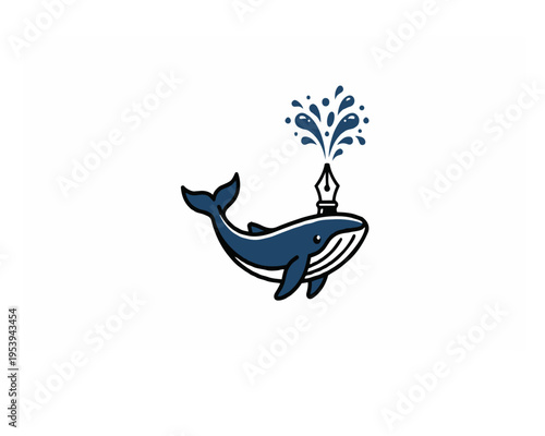 Creative blue whale illustration featuring a fountain pen nib blowhole spraying ink-like droplets. A unique metaphor for writing and artistic creativity.