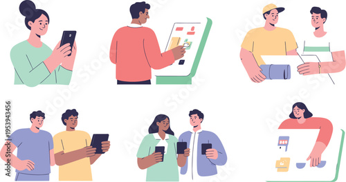 People interacting with digital devices in.