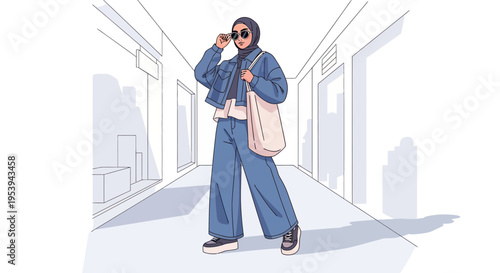 Stylish Muslim Woman in Hijab and Denim Outfit, Modern Street Fashion