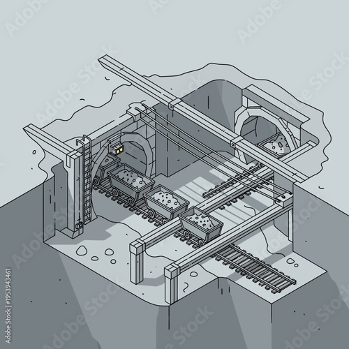 Isometric view of a mine shaft with ore carts on tracks, showing industrial processes.
