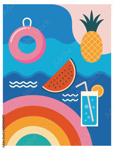 Inflatable ring watermelon slice and pineapple drink summer vacation.