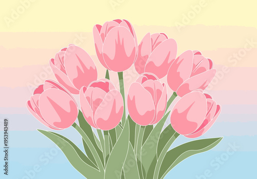 A beautiful bouquet of pink tulips with green leaves.
